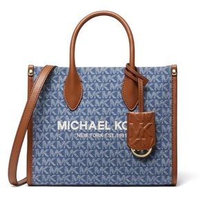 Michael Kors Mirella Small Shopper Top Zip Crossbody Bag Denim Multi Logo MK